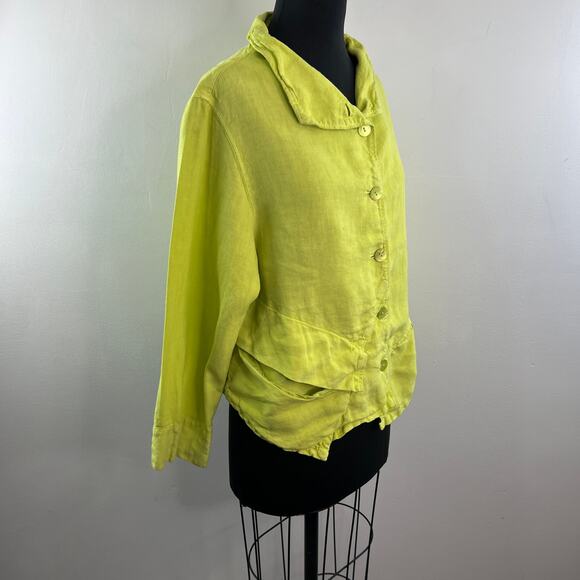 OSKA Lagenlook Bright Green Yellow Top Linen Collared Long Sleeve Jacket Size 2 - Picture 2 of 9